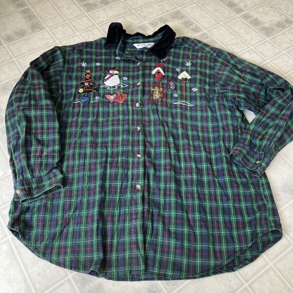 Vintage 90's Victoria Jones Christmas Shirt Snowman Embroidered green Plaid 22